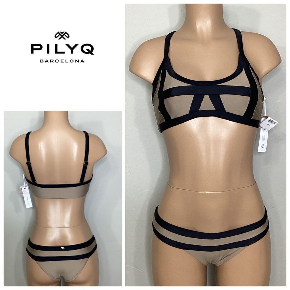 New. Pilyq tan and black color block bikini set. L-top/S-bottom